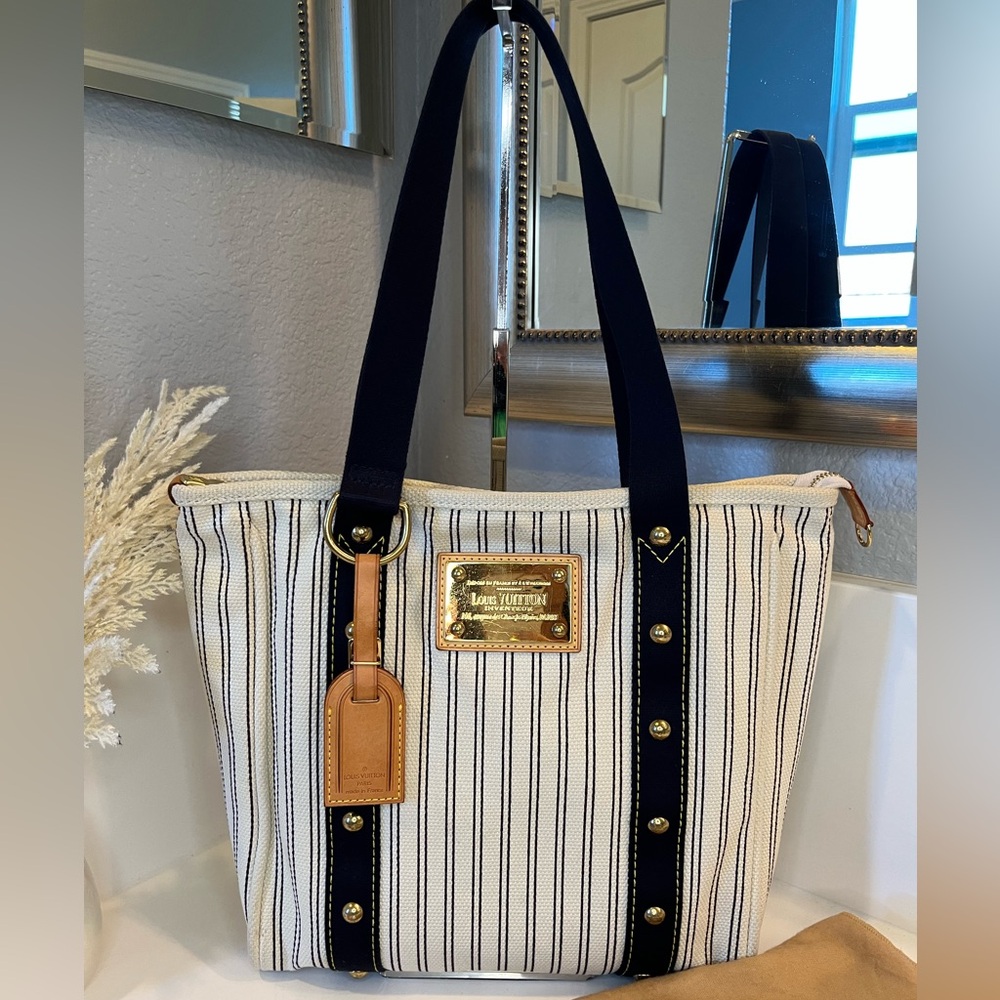 Louis Vuitton Cream and Black Striped Canvas Shoulder Tote